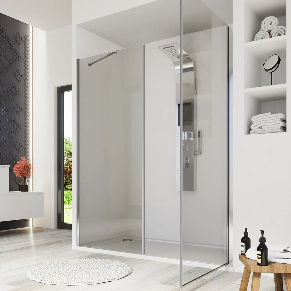 Porta doccia 141-145cm profili cromati apertura a battente e parete fissa vetro 8mm trasparente h195 | Fiji