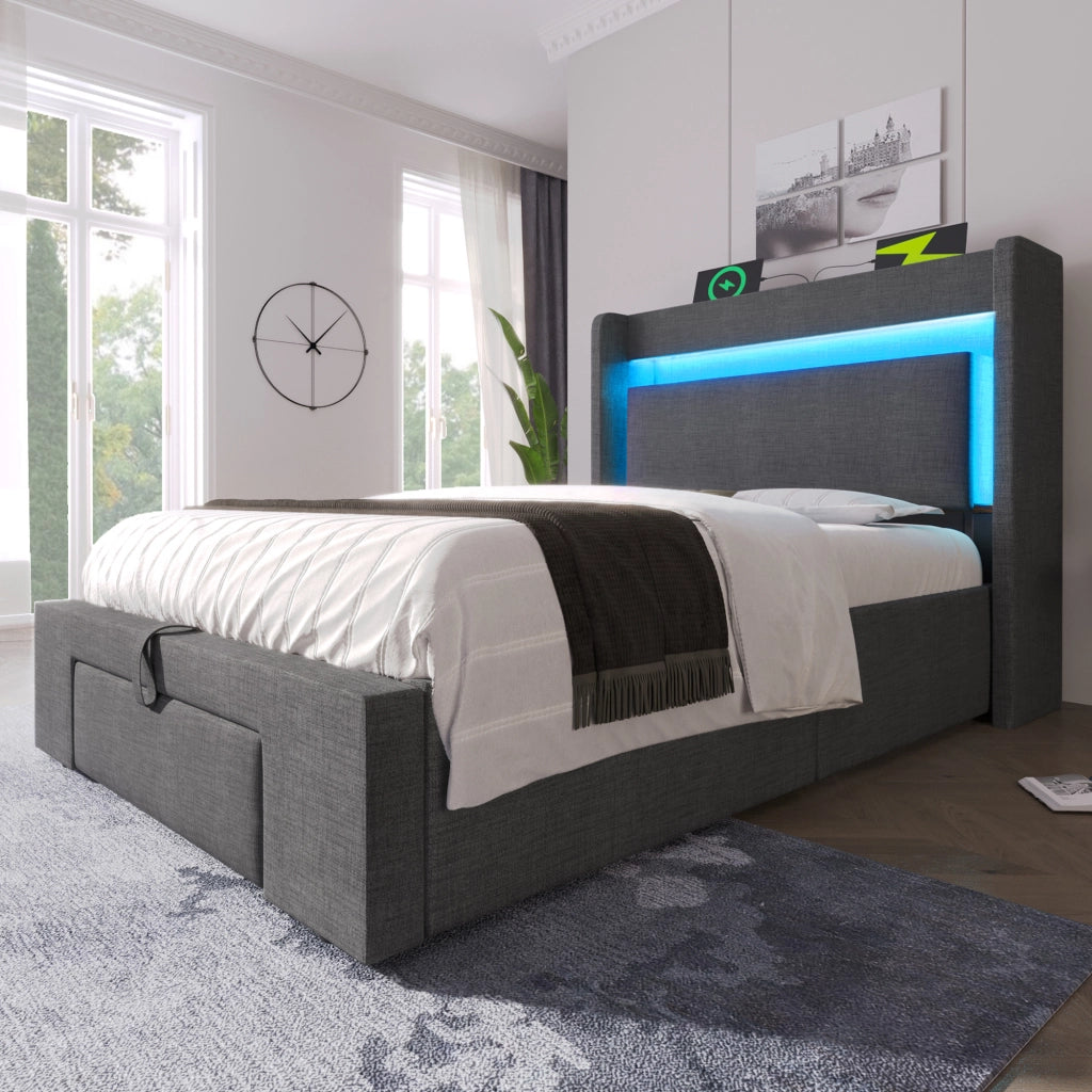 LETTO imbottito 90x200 cm con LED, porte USB e USB-C, grigio