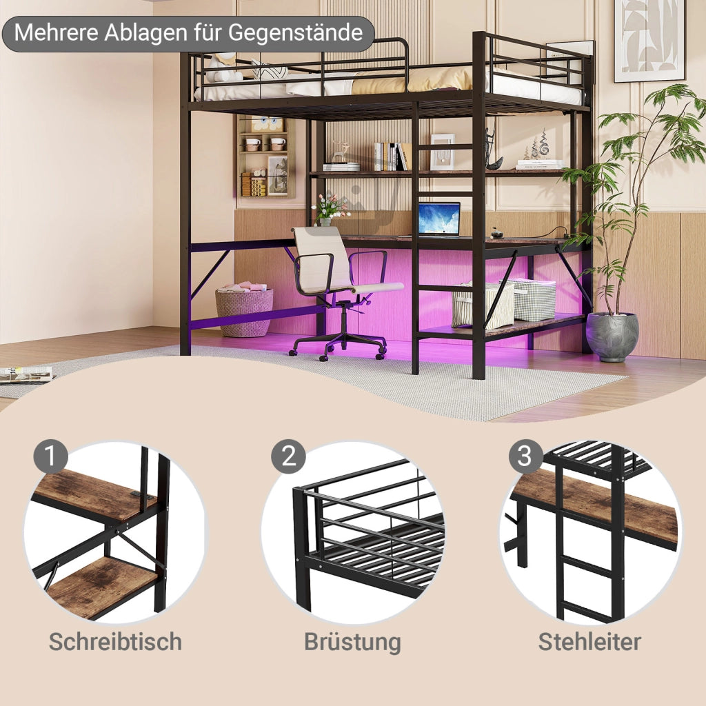 OKWISH Letto a soppalco 140×200 cm, Letto Matrimoniale con Scrivania, Mensole, LED Regolabile, USB e Presa, senza Materasso, in Metallo, Nero