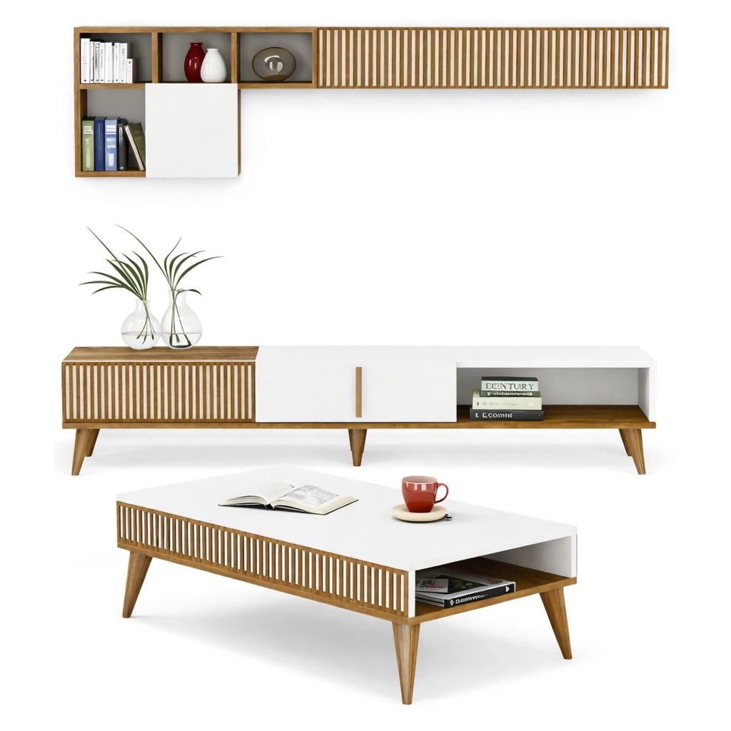 Cassacco, set Mobili da Soggiorno Modulabile, Marrone Noce