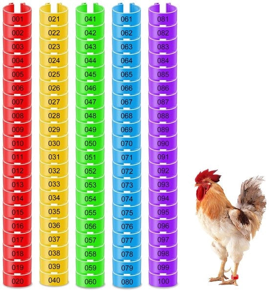 Anelli per pollici di gallina 100 pezzi - Anelli per zampe di pollo - 16mm di diametro - Anelli in plastica per polli - Numerazione colorata - Identificazione per galline/anatre - Anelli per zampe di pollo da allevamento