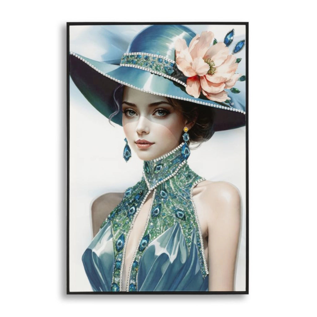 Dipinto su tela Pam B dama con cappello blu e smeraldi, 62x92 cm