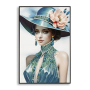 Dipinto su tela Pam B dama con cappello blu e smeraldi, 62x92 cm
