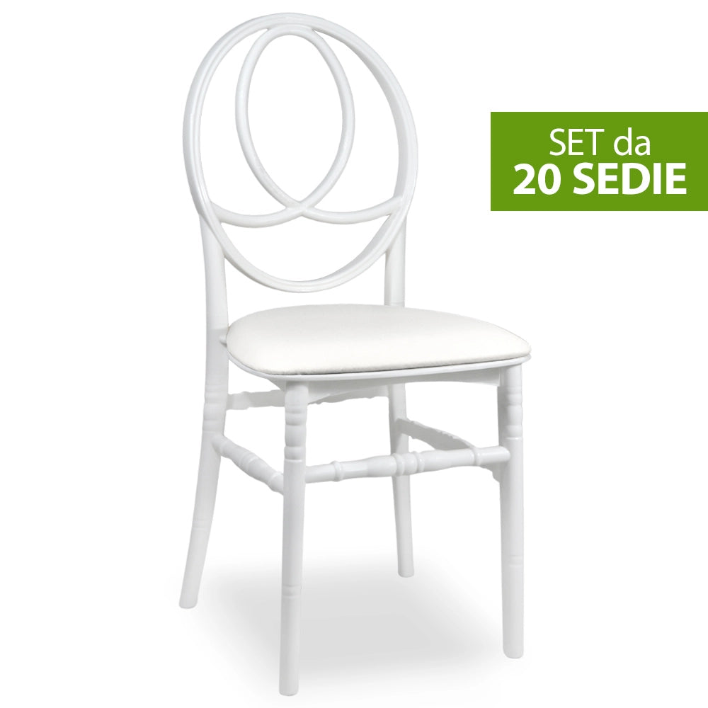 Set da 20 Sedie New Phoenix in Plastica Bianche con cuscino similpelle bianco