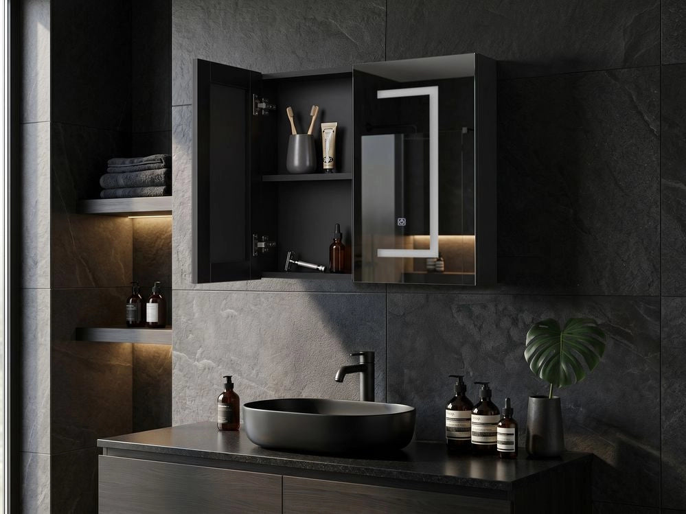 Specchio da bagno in vetro nero e legno con LED 60 x 60 cm Design moderno