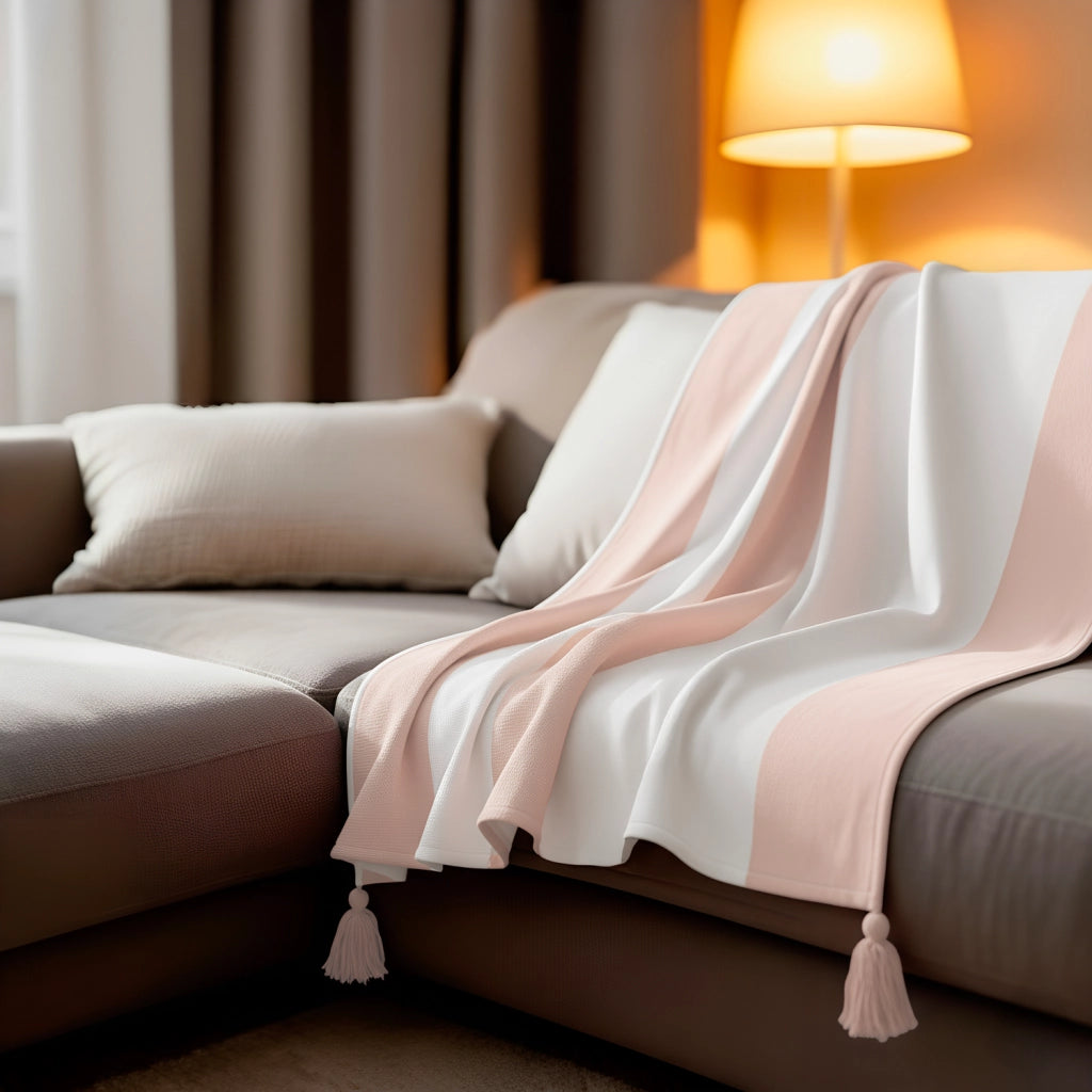 100% cotone rosa pallido coperta a quadri con pompon 130x170cm SLAVANN