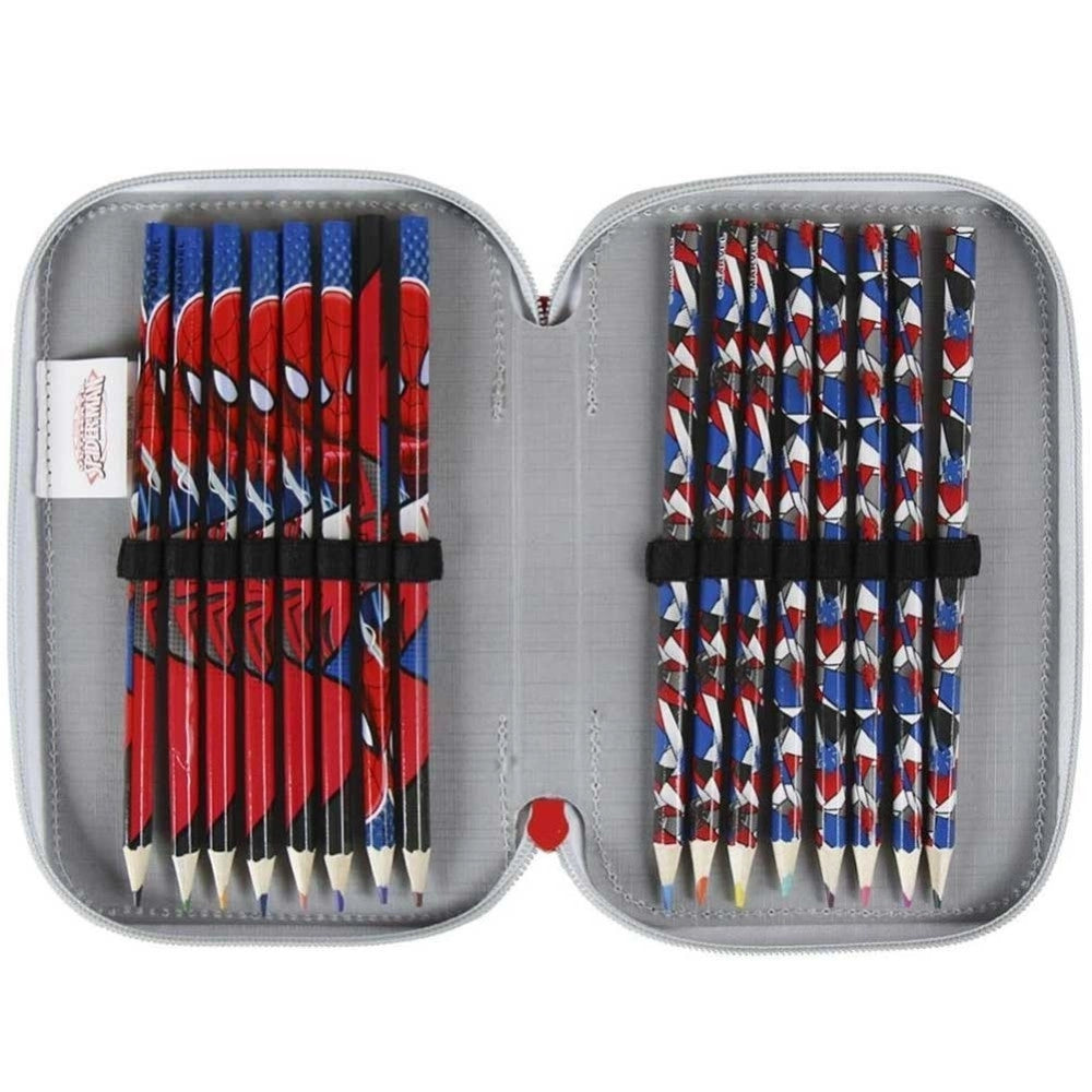 Trade Shop - Astuccio Triplo Spiderman 3 Zip Completo Accessoriato Bambini Scuola -