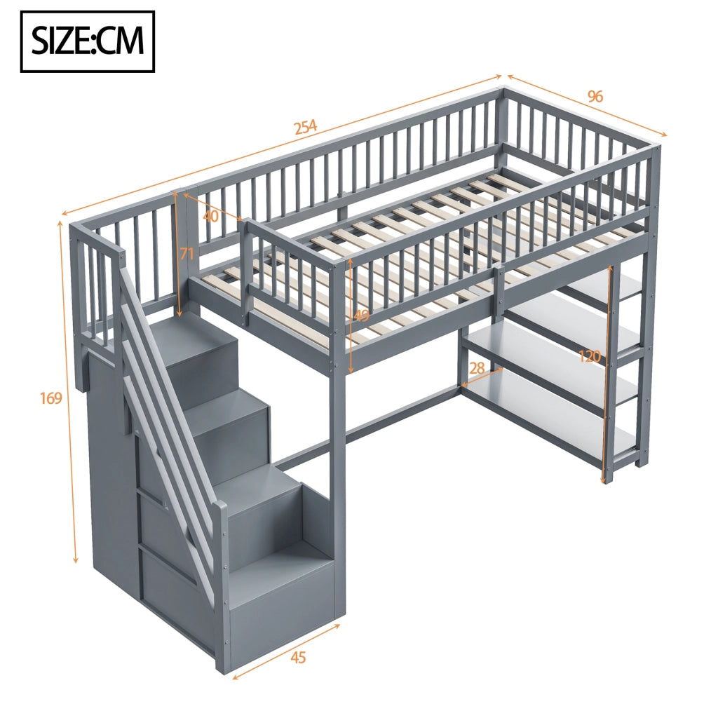 Letto a soppalco 90 × 200 cm con armadio ripiani e vani contenitore scala e barriera alta in legno grigio