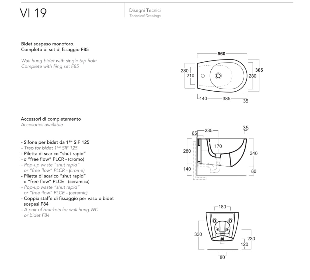 Bidet Sospeso Bagno Serie Vignoni Bianco Simas - Simas