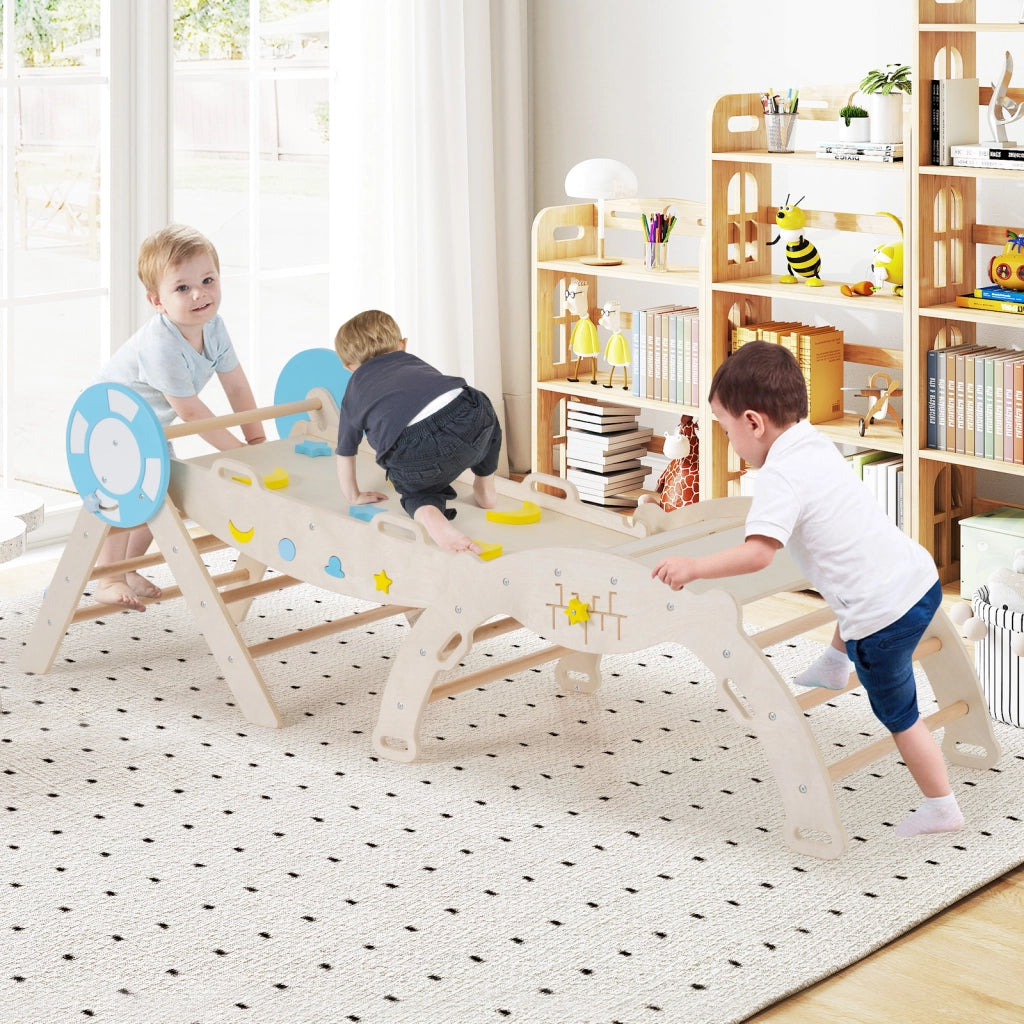 Set triangolare 7 in 1 legno montessori nautico arrampicata scivolo-Set scala arco labirinto palestra interna pieghevole bambini Naturale