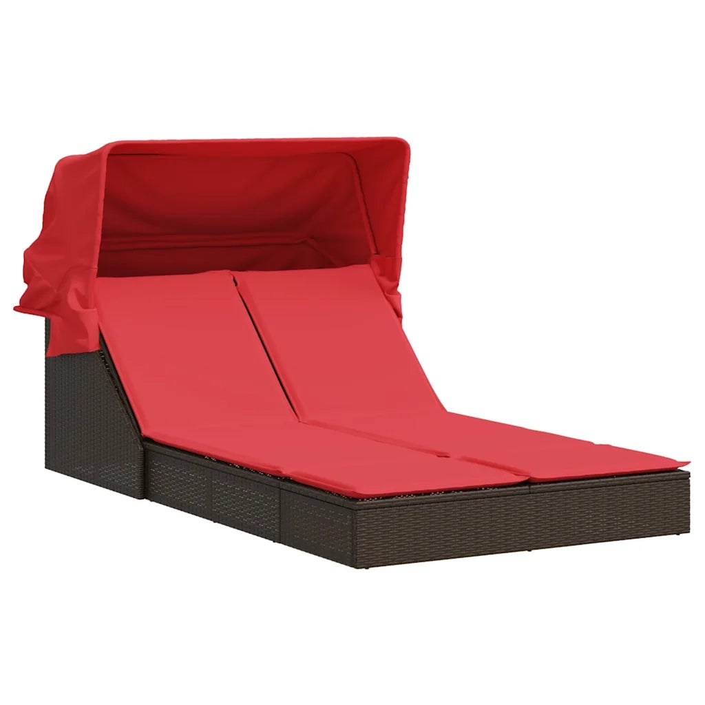 Lettino prendisole doppio con tettuccio e cuscini in Polyrattan Marrone 368643