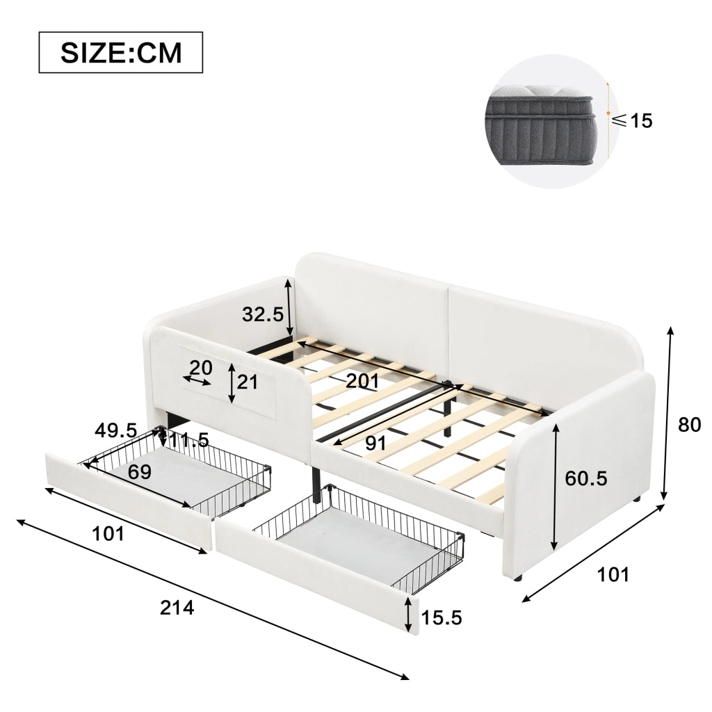 LETTO Singolo 90x200 cm Velluto Bianco con 2 cassetti e tasche laterali