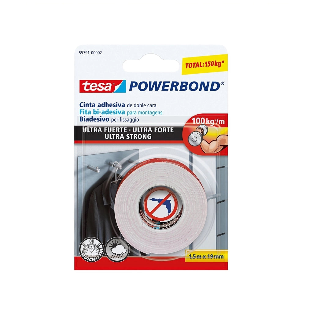 Nastro biadesivo Tesa Powerbond Extraforte 1,5 x 19 mm piastrelle legno plastica