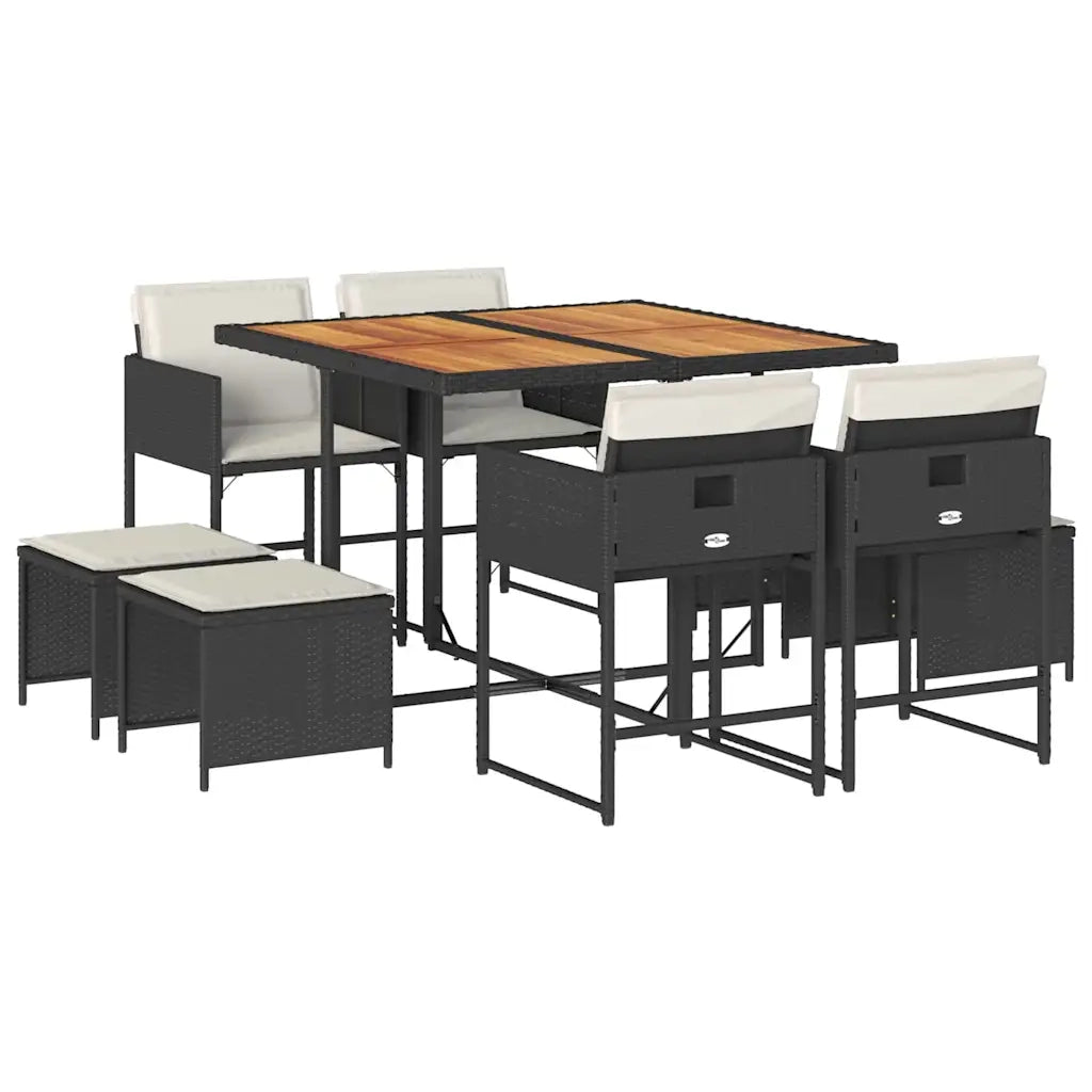 Set da Pranzo da Giardino 9 pz con Cuscini Nero in Polyrattan 3211323