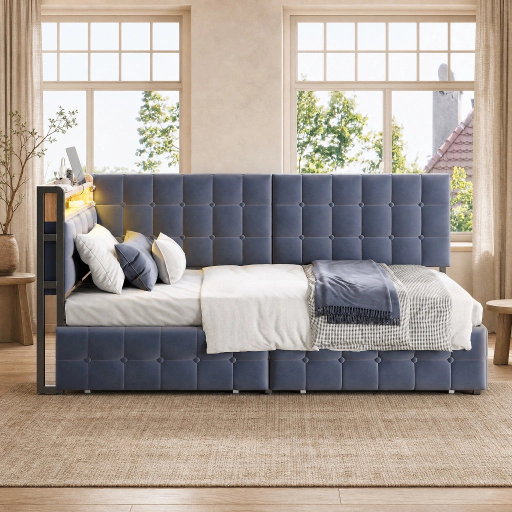 DIVANO LETTO 90x200 cm Imbottito Grigio con 2 cassetti, LED e USB