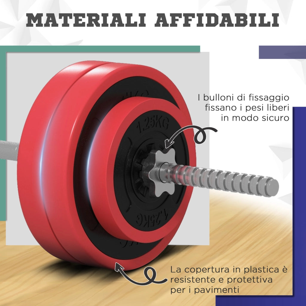 Set Bilanciere e Dischi da 30Kg Totali con 6 Pesi e 2 Dadi in Acciaio Rosso