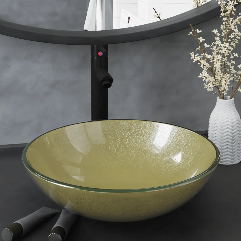 Lavandino Rubinetto e Piletta a Pressione-Lavabo-Lavello Vetro Temperato Oro 915877