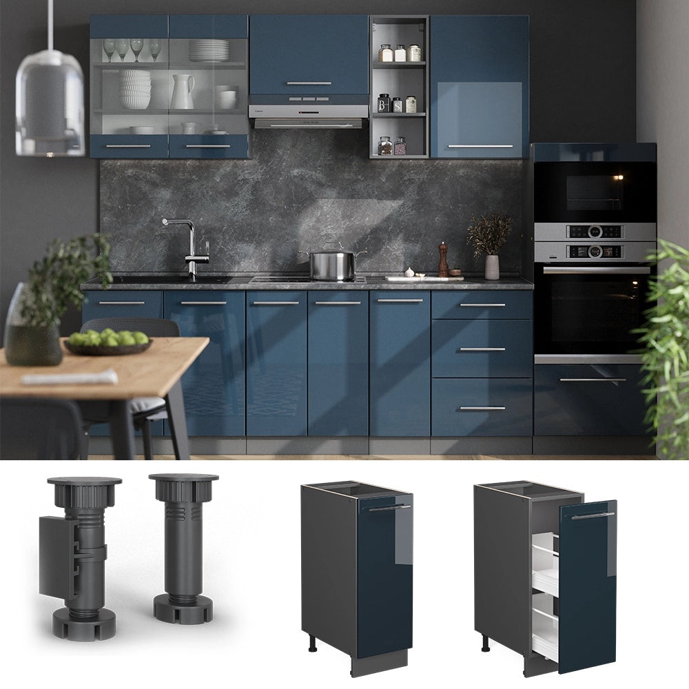 Armadio cucina dispensa alto Fame-Line Blu scuro lucido/Antracite 30 cm, PL Marmo Vicco