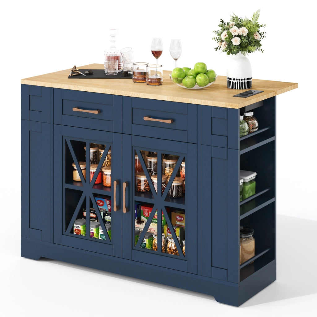 Isola da cucina portatile con tavolo ribaltabile; prese AC e USB; ante in vetro; blu e legno; 120x40(65)x92 cm