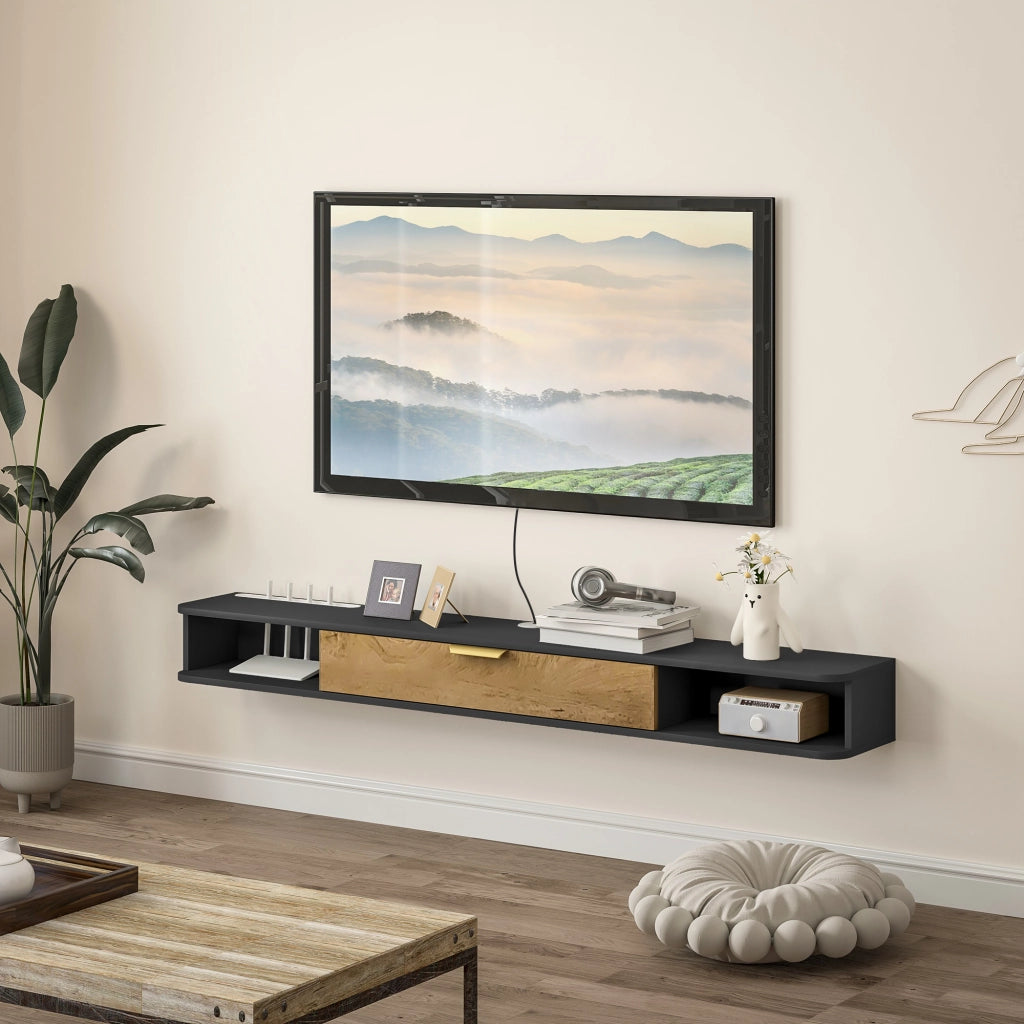Mobile TV sospeso con ante scorrevoli e scomparti aperti ¨C zephmum ¨C grigio 160x24x16 cm