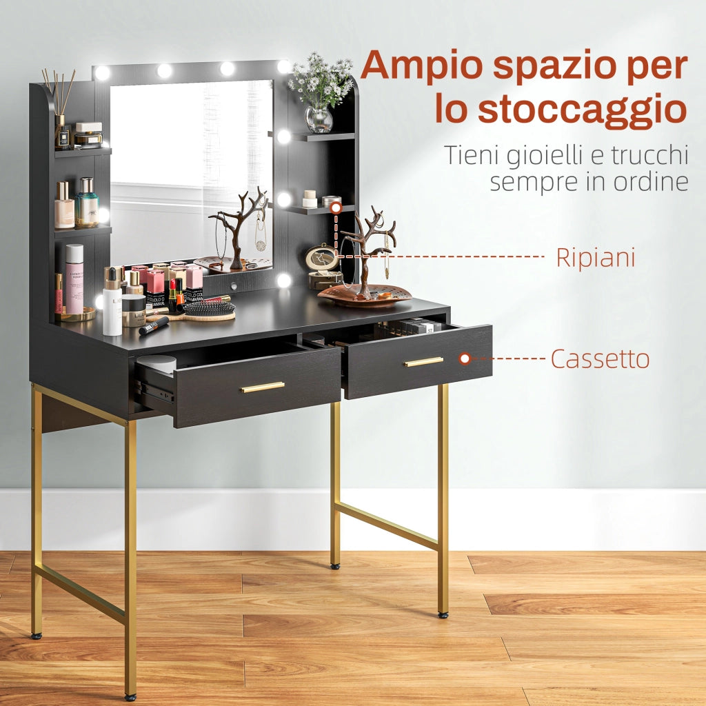 Toeletta con Specchio LED e Sgabello ¨C Xylo ¨C 10 Lampadine, 2 Cassetti, Nero
