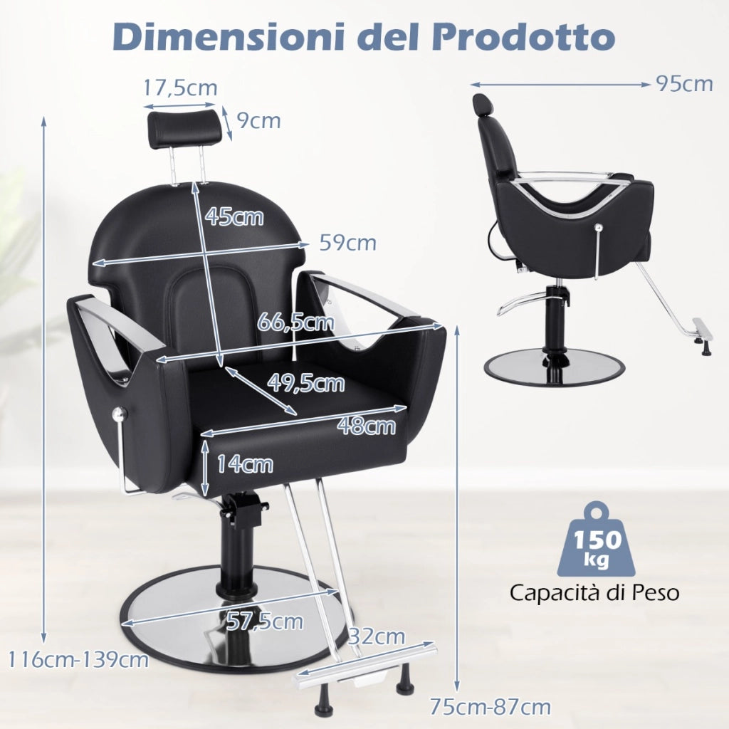 Sedia da salone reclinabile con altezza regolabile e poggiatesta-Sedia girevole a 360¡ã con pompa idraulica per parrucchieri Nero