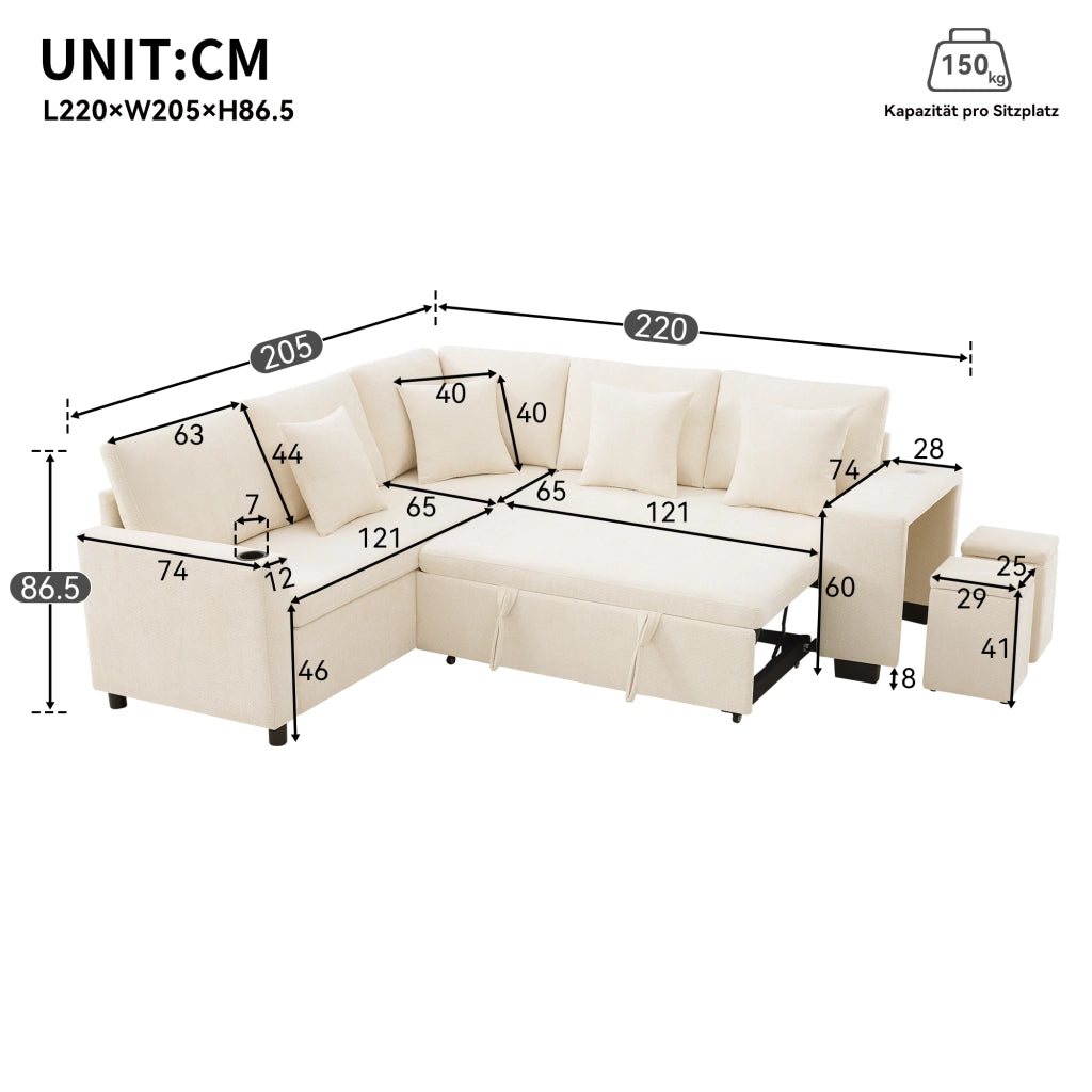 Divano angolare convertibile con vano contenitore; USB e USB-C; 4 cuscini; chenille beige