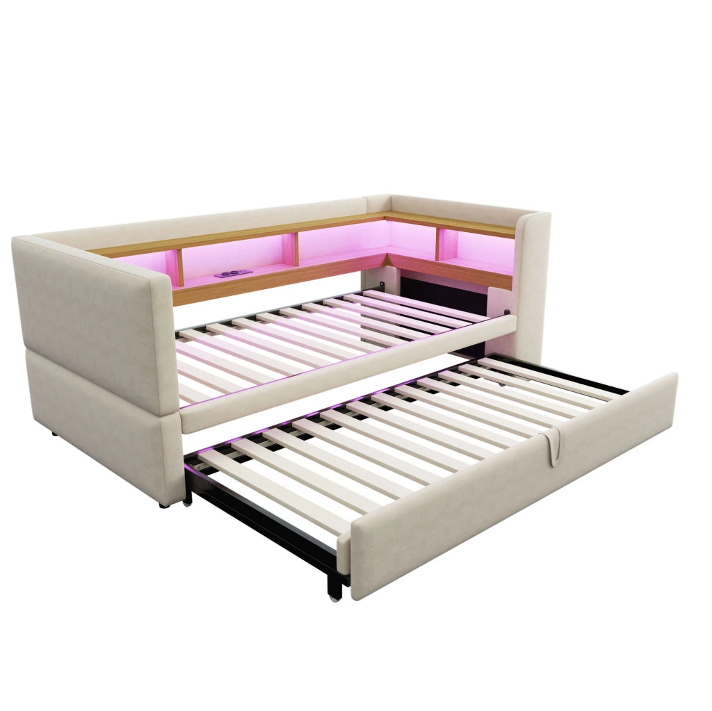 Divano letto imbottito multifunzione con vani contenitore, LED e prese integrate