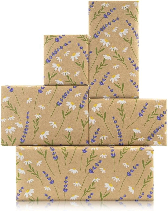 Papier di fiori Lavanda/Camomilla - Carta da regalo per compleanni - Carta da regalo a rotoli - Carta kraft 17"x10' - Resistente a strappi e pieghe - Ideale per regali