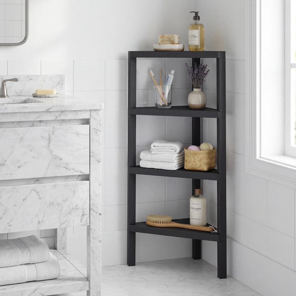 Supporto scaffale ad angolo a 4 ripiani con scaffali a doghe aperte, Libreria moderna per casa e ufficio Nero