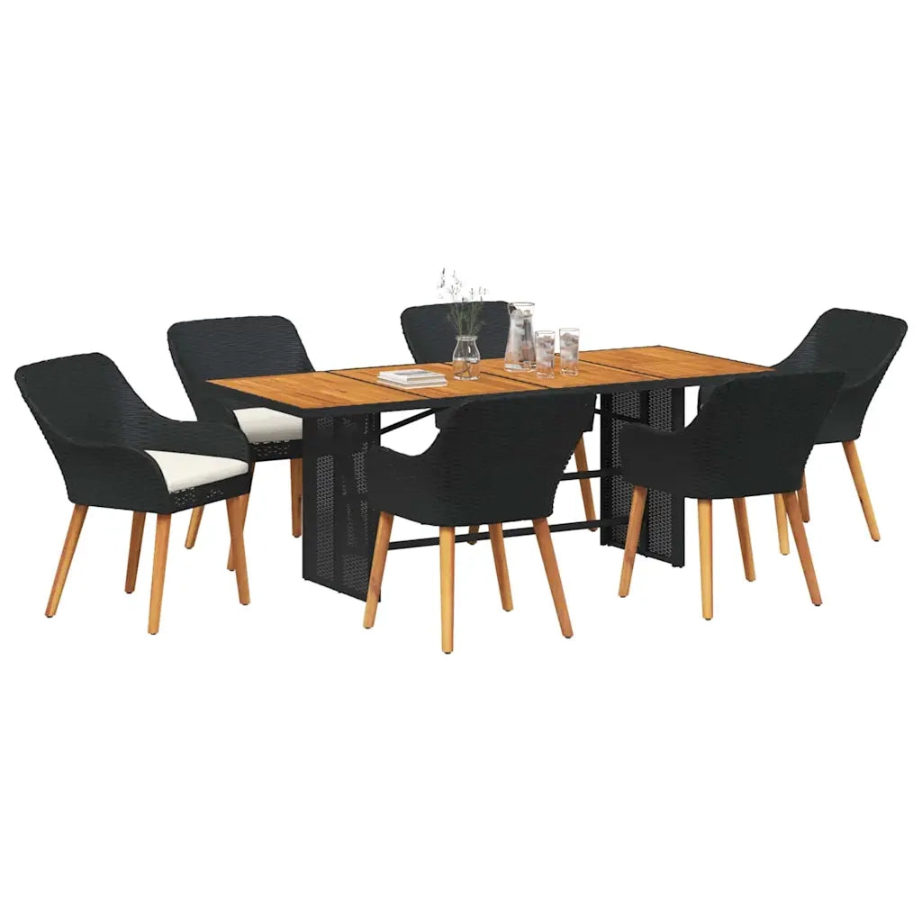 Set da Pranzo per Giardino con cuscino 7 pcs Nero polyrattan
