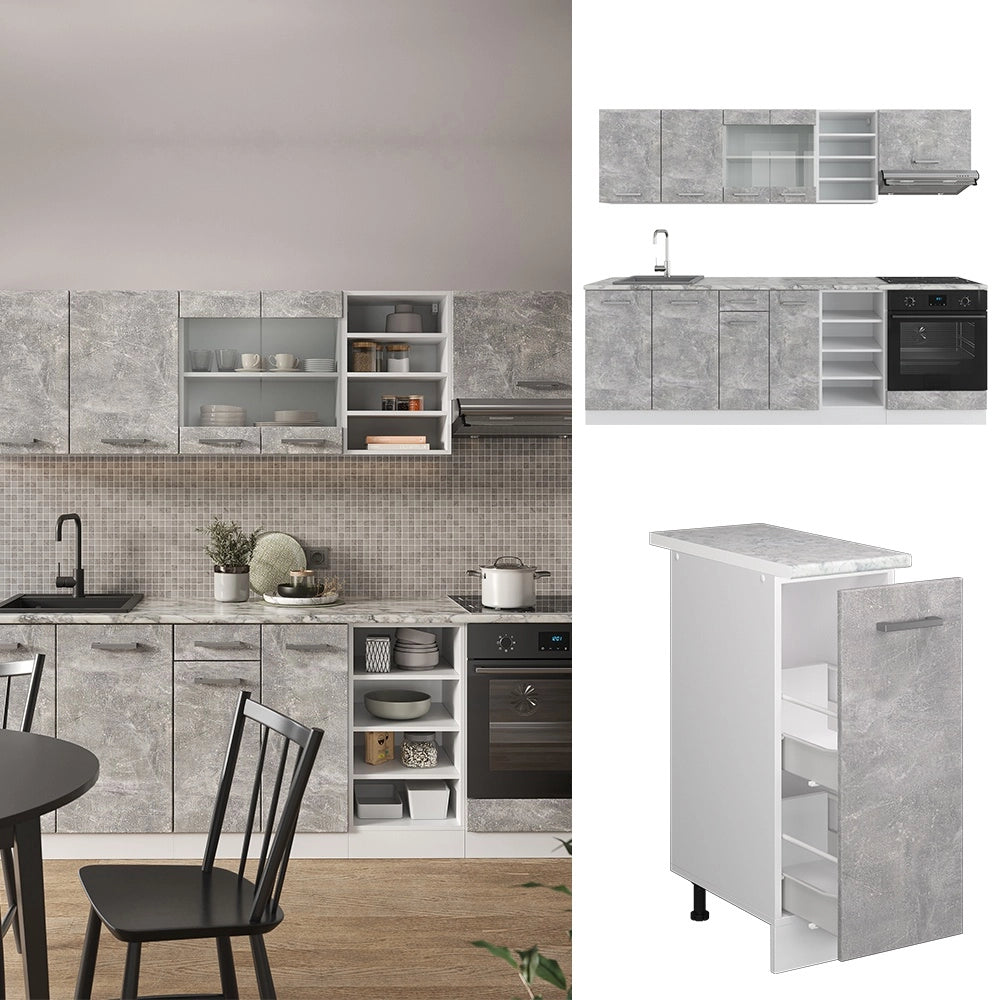 Cucina componibile R-Line Calcestruzzo/Bianco 240 cm, PL Marmo Vicco