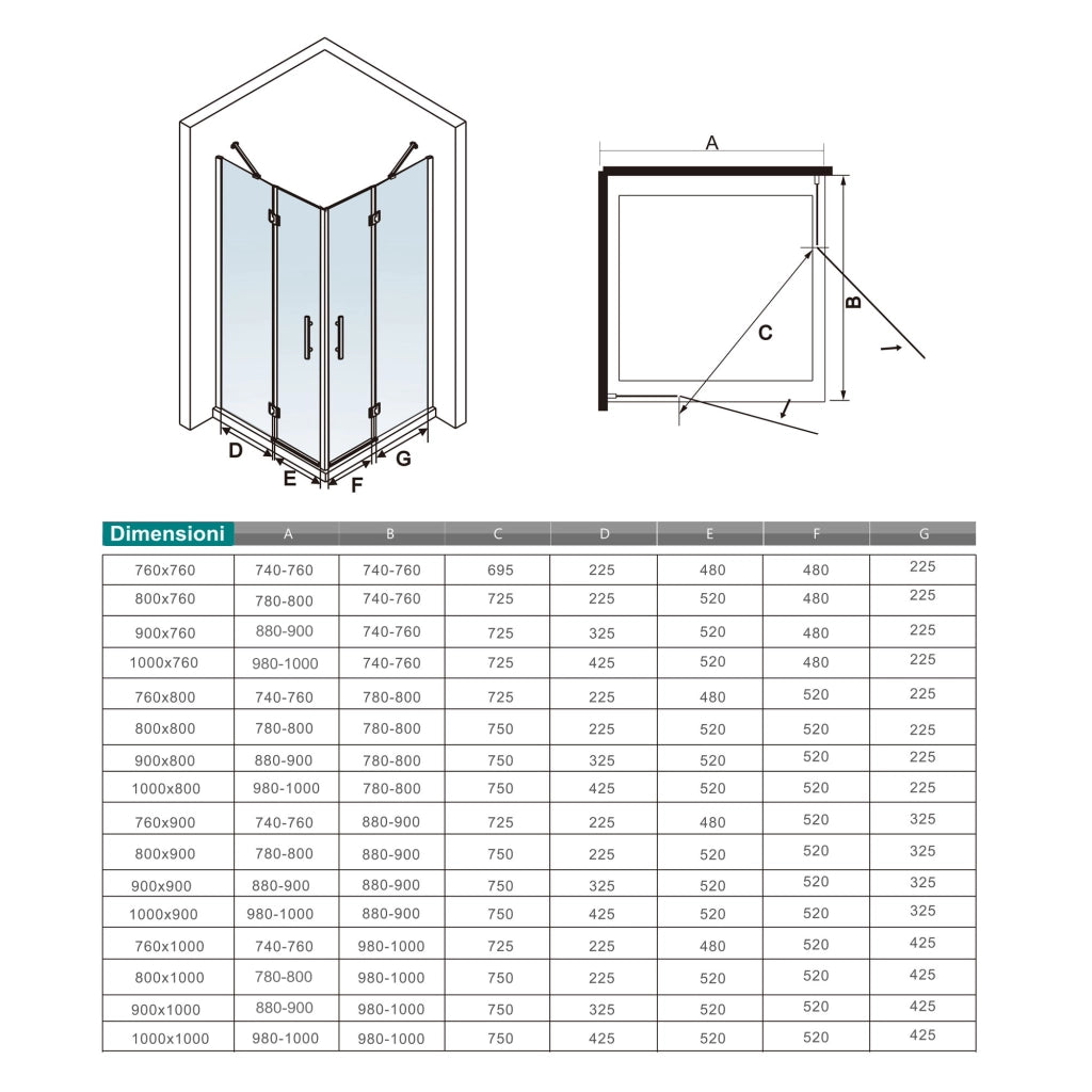 90x76x195 cm Box Doccia Ad Angolo Doppie Porte Apertura Battente in Vetro 6 mm Temperato Anticalcare Trasparente con 2 Barre Stabilizzatrici Cromo Lucido