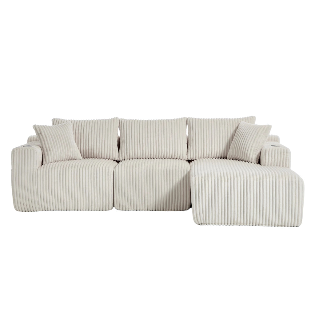Divano Modulare con Chaise Longue e 2 Posti ¨C MINIMAL ¨C Velluto a Coste, Cuscini, Portabicchieri