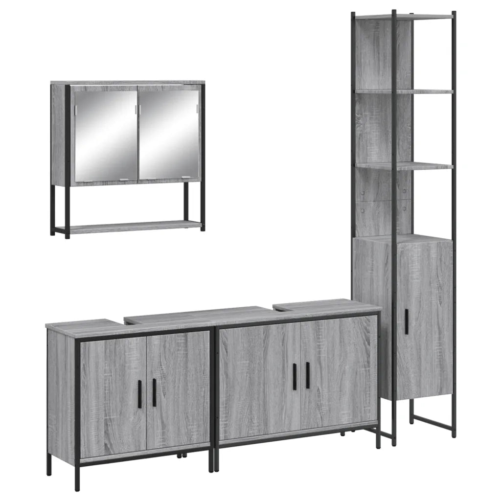 Set Mobili da Bagno | Armadio da bagno 4 pz Grigio Sonoma in Legno Multistrato