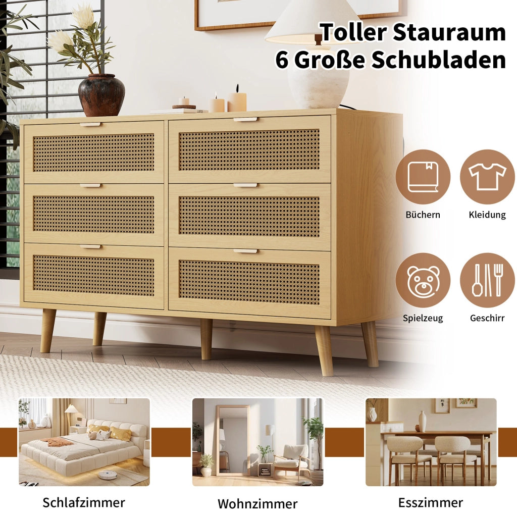 Cassettiera vintage con 6 cassetti 120x40x76;5 cm in truciolare effetto rovere