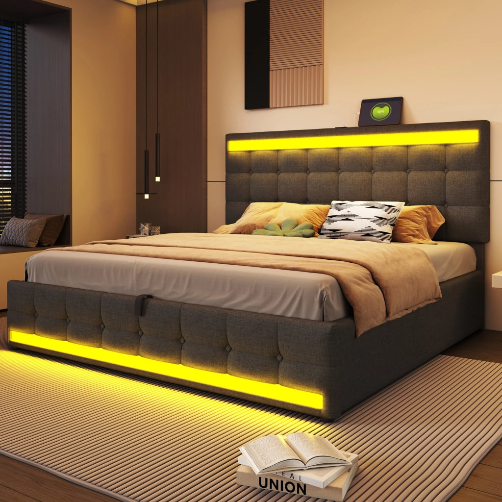 LETTO imbottito 180x200 cm grigio con LED RGB e porte USB