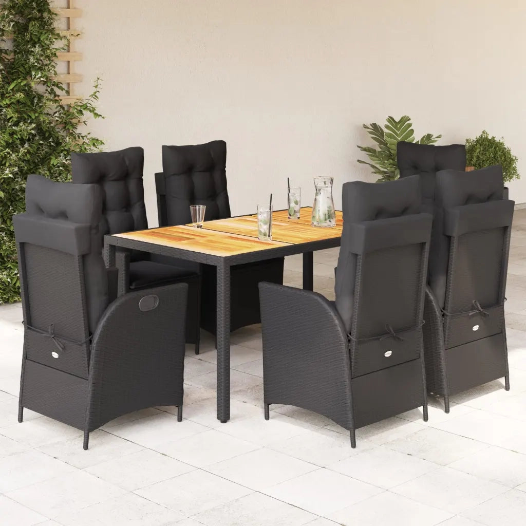 Set da Pranzo da Giardino 7 pz Nero con Cuscini in Polyrattan