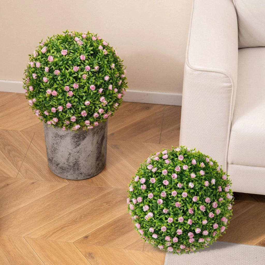 Set di 2 pezzi sfere topiarie in piante artificiali, Sfere decorative da 37 cm con fiori rosa per interno e esterno