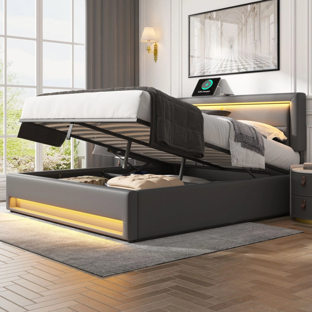 LETTO imbottito multifunzionale 140x190 cm PU grigio con USB, LED e contenitore