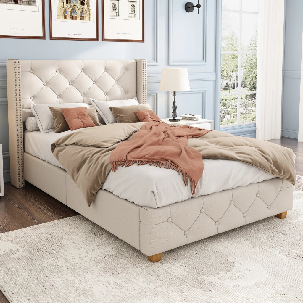 letto imbottito lino beige 100 x 205 cm