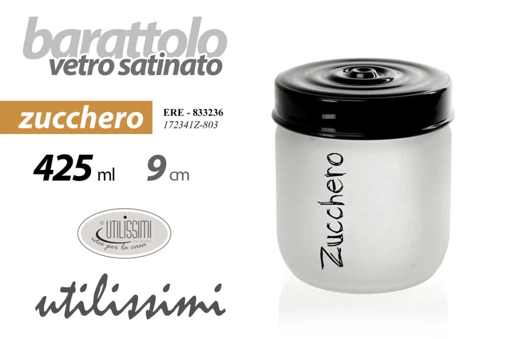 BARATTOLO TONDO IN VETRO SATINATO PER ZUCCHERO DA 425 CC 9 CM TOP NERO
