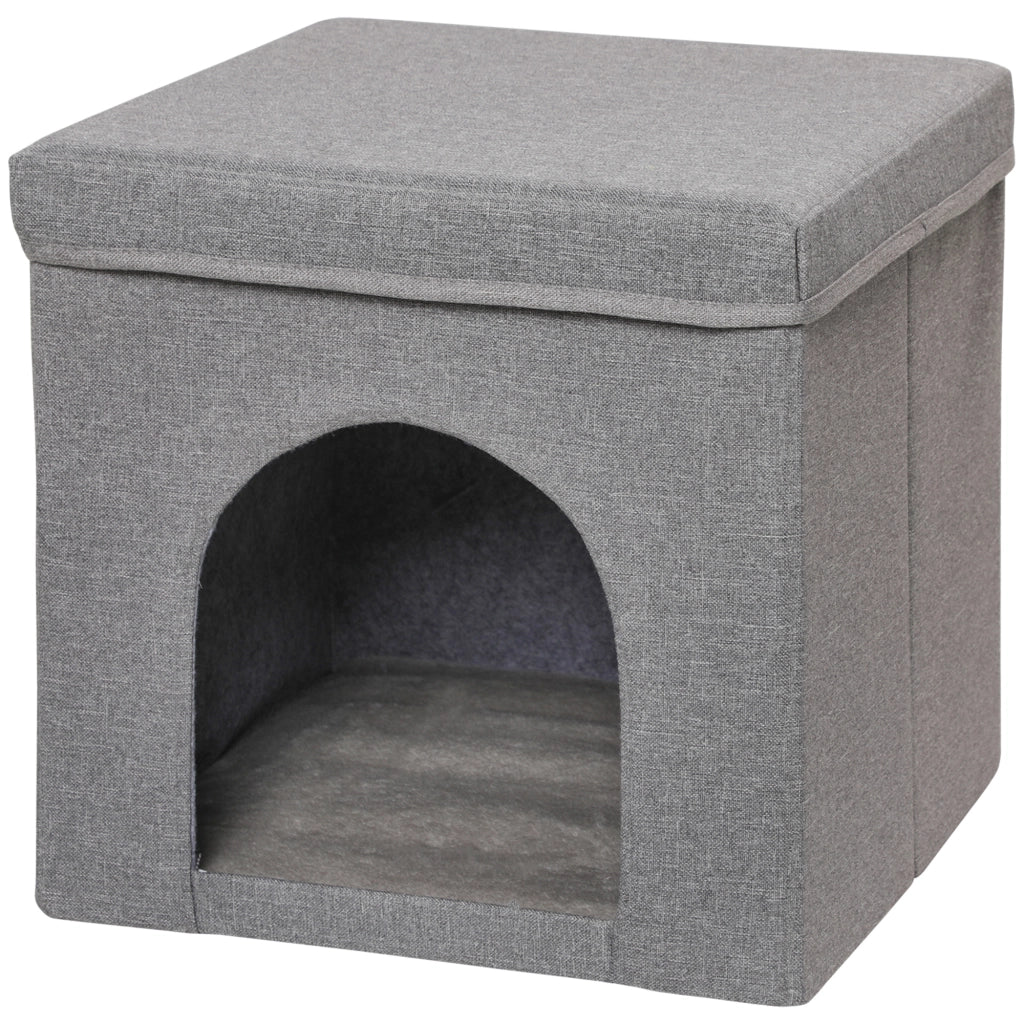 Casetta per Gatti Pieghevole a Cubo con Cuscino e Tappetino Tiragraffi. 36.5x36.5x36.5 cm. Grigio