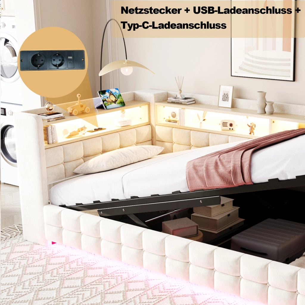 DIVANO LETTO 90x200 cm in velluto beige con vano contenitore, LED e prese