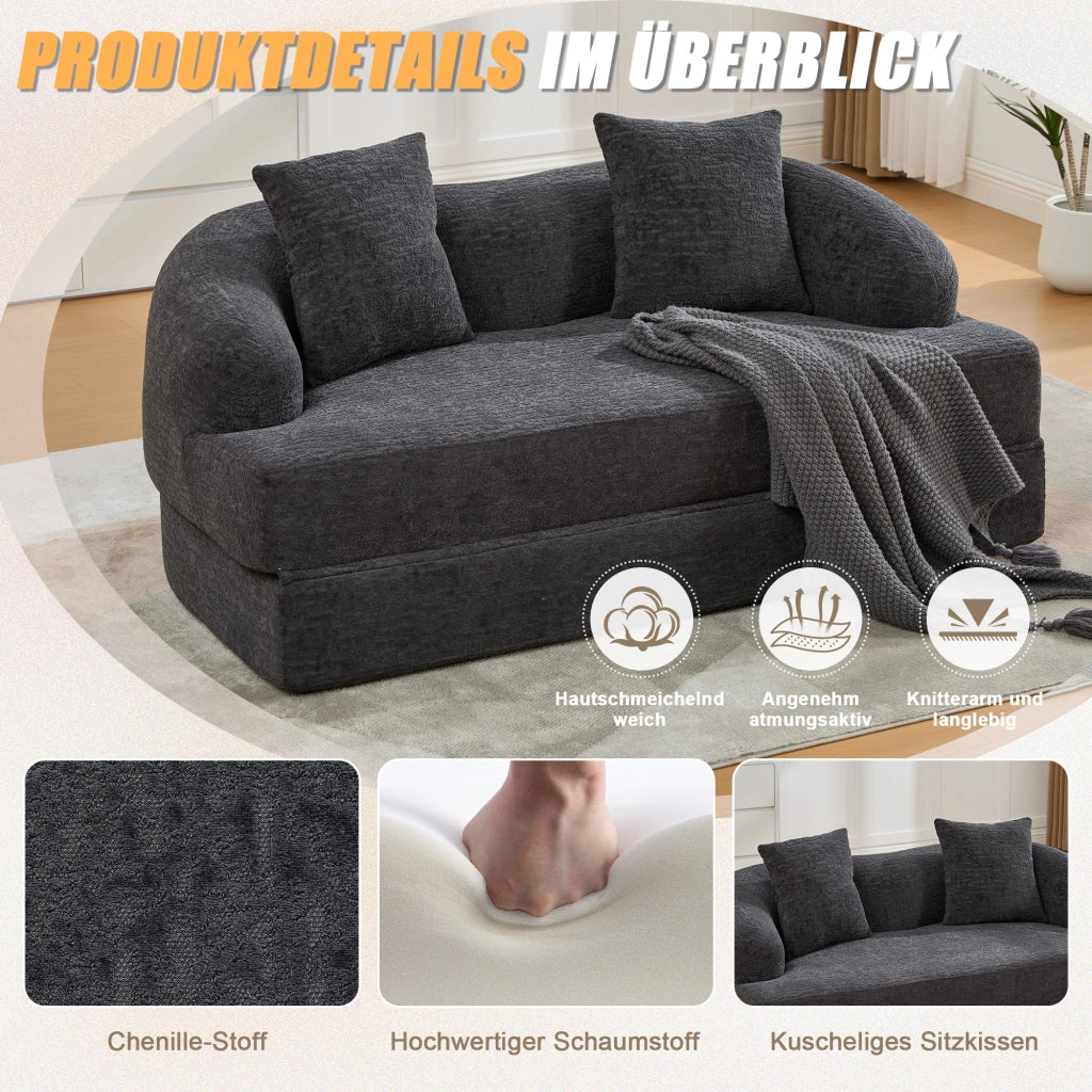Divano letto a due posti convertibile con due cuscini e schienale ergonomico in chenille grigio scuro