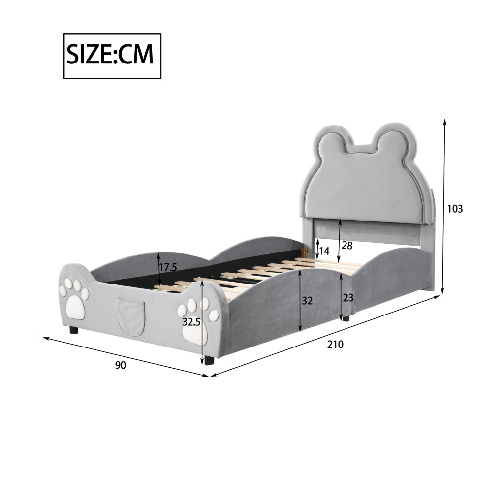 Letto imbottito per bambini a forma di orso, 90 x 200 cm, grigio