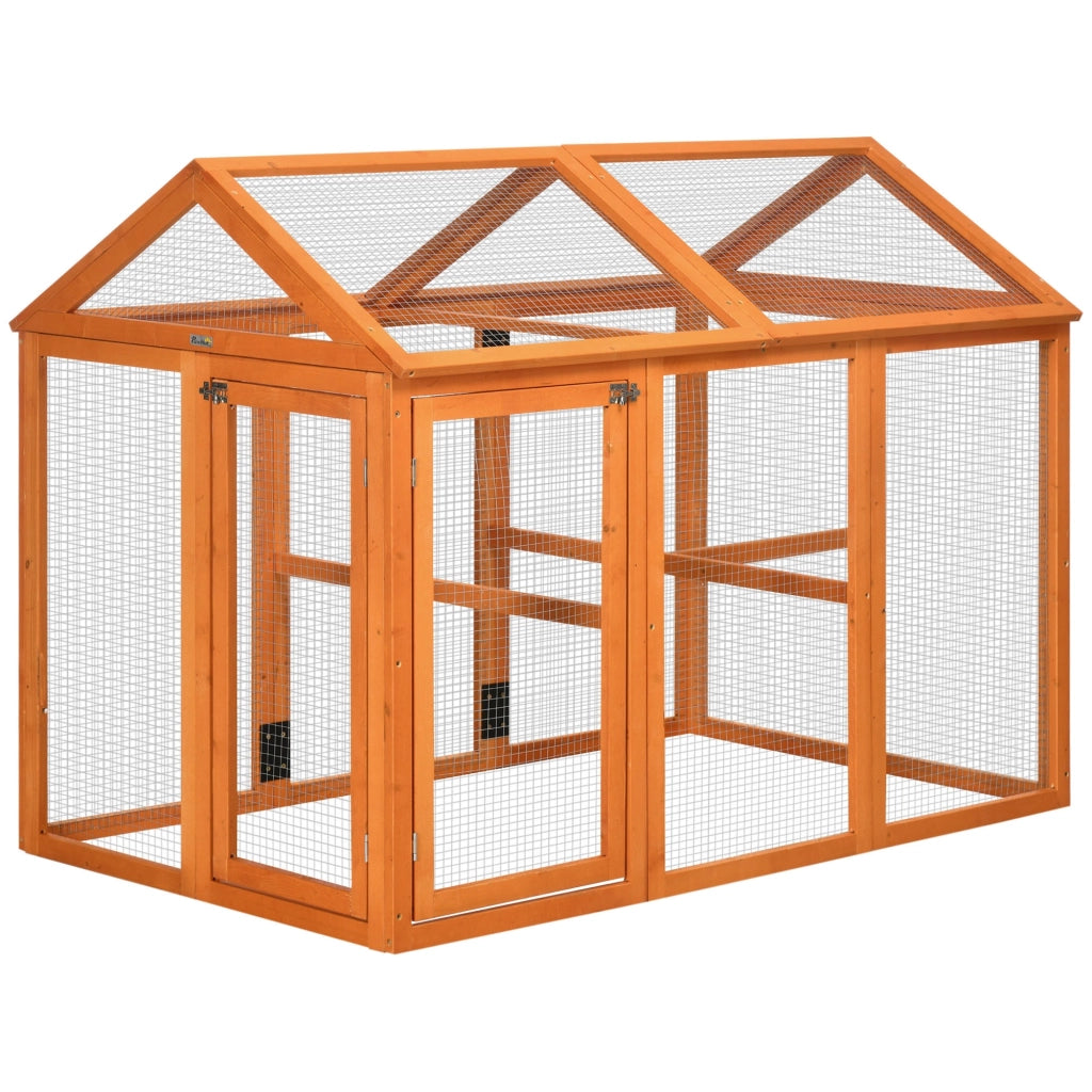 EasyComfort Gabbia per Galline in Legno con Porte Multiple e Rete in Metallo, 140x88.5x106cm, Arancione