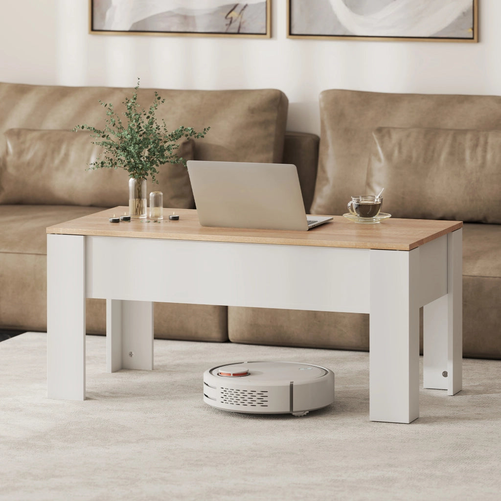 Tavolino da caff¨¨ con piano elevabile e vano contenitore ¨C Xylo ¨C Bianco e legno naturale 100x50cm