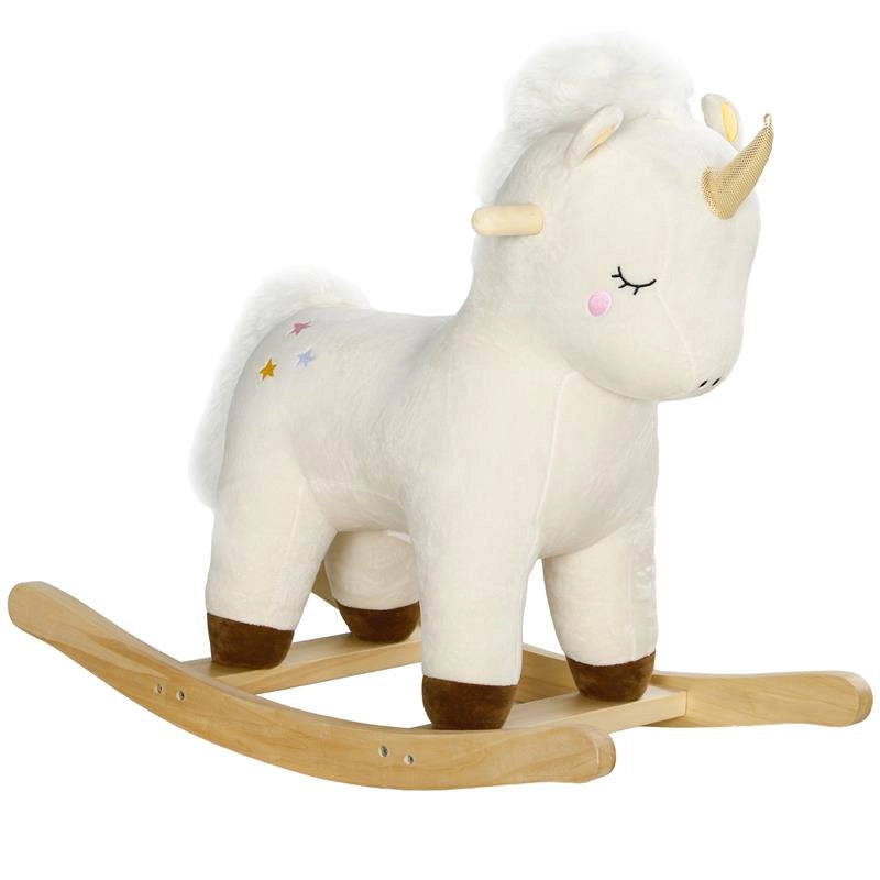 CAVALLO A DONDOLO PER BAMBINI 2-4 ANNI A UNICORNO CON SUONI E RIVESTIMENTO MORBIDO 63X33X56 CM BIANCO