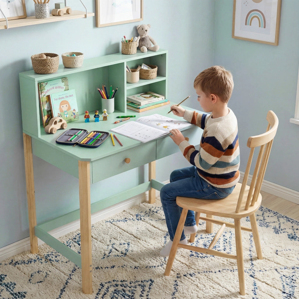 Scrivania per bambini con cassetti e scaffale ¨C Minimal ¨C Verde 90x52x105 cm
